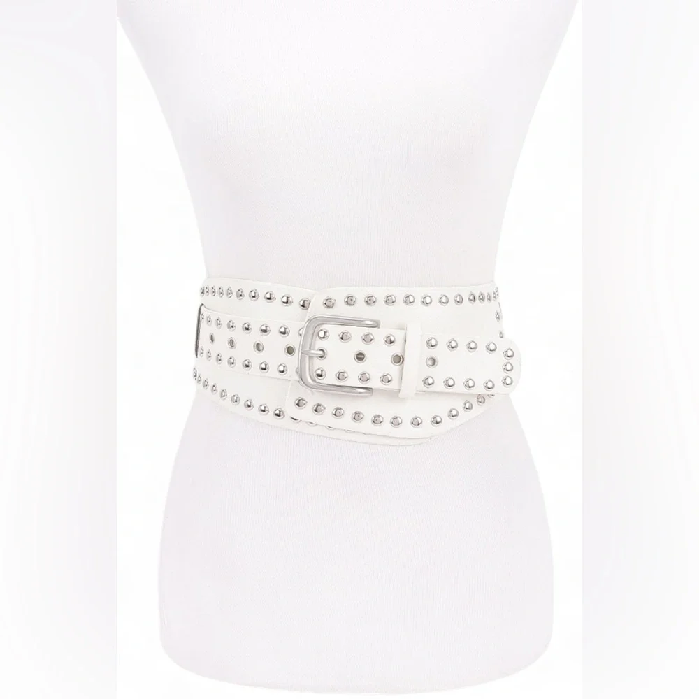 Vegan Leather Studded Statement Belt - Black, Brown, White